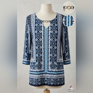 JM Collection Navy and White Patterned Blouse Size XL✨